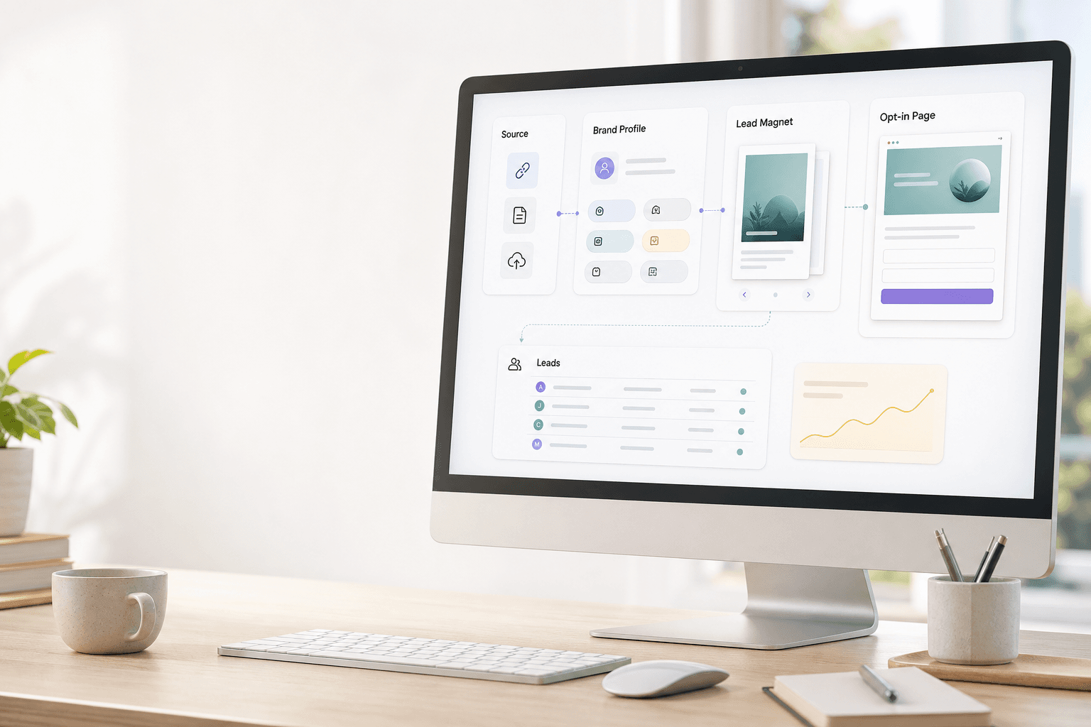 Business Autopilot workflow showing a source, brand profile, lead magnet, opt-in page, and leads dashboard.